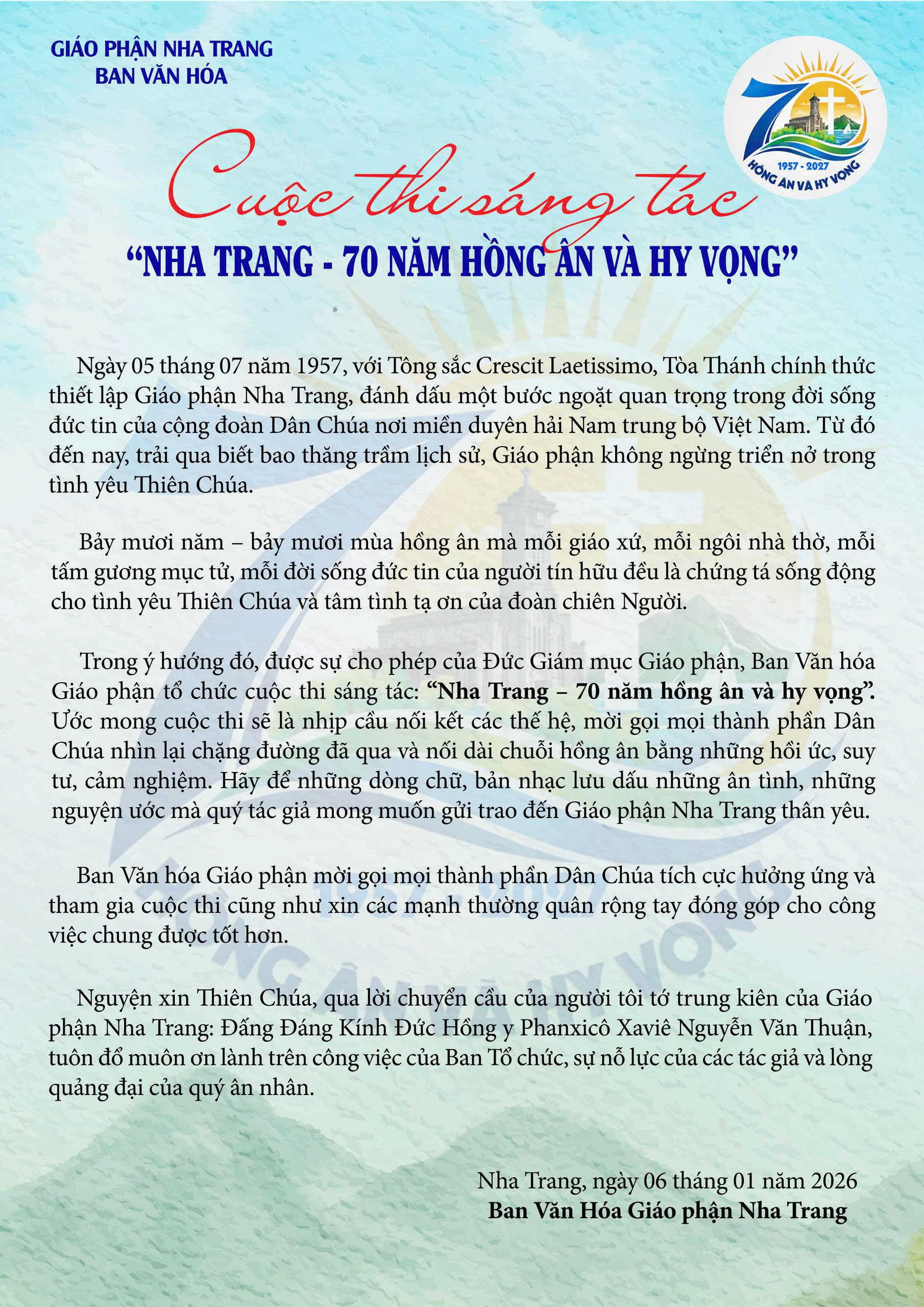 CUỘC THI S&Aacute;NG T&Aacute;C ''NHA TRANG - 70 NĂM HỒNG &Acirc;N V&Agrave; HY VỌNG''